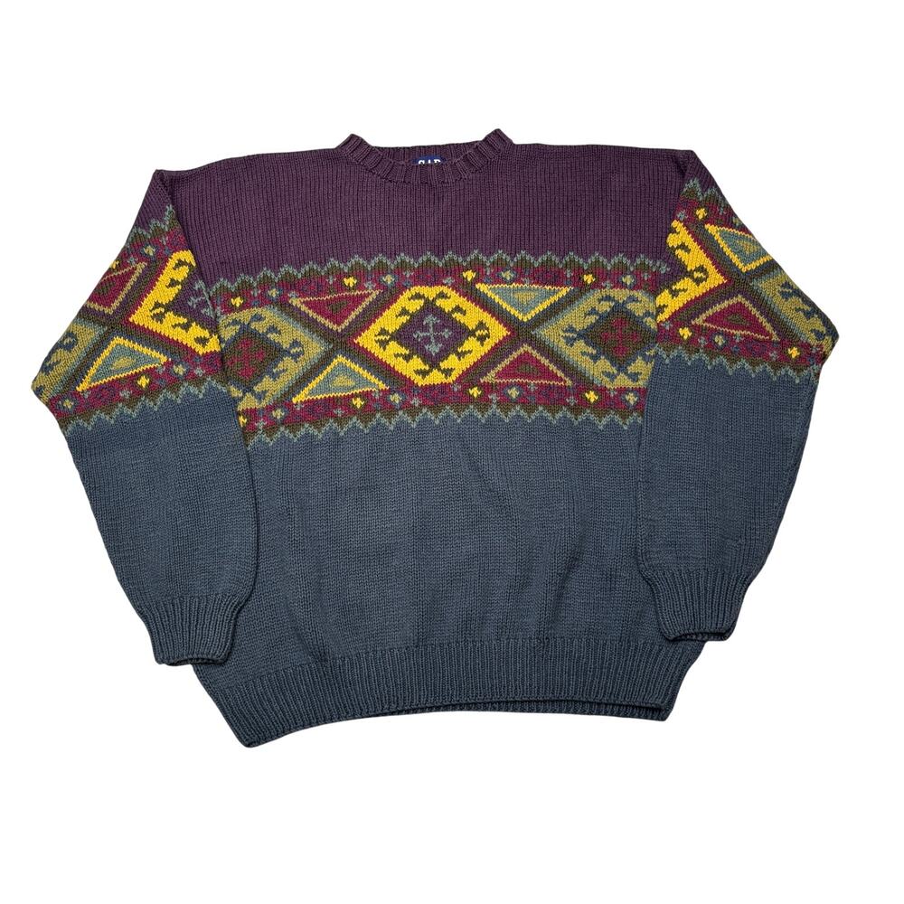 Vintage 90s Gap Fair Isle Chunky Sweater Men's XL Nordic Handknit